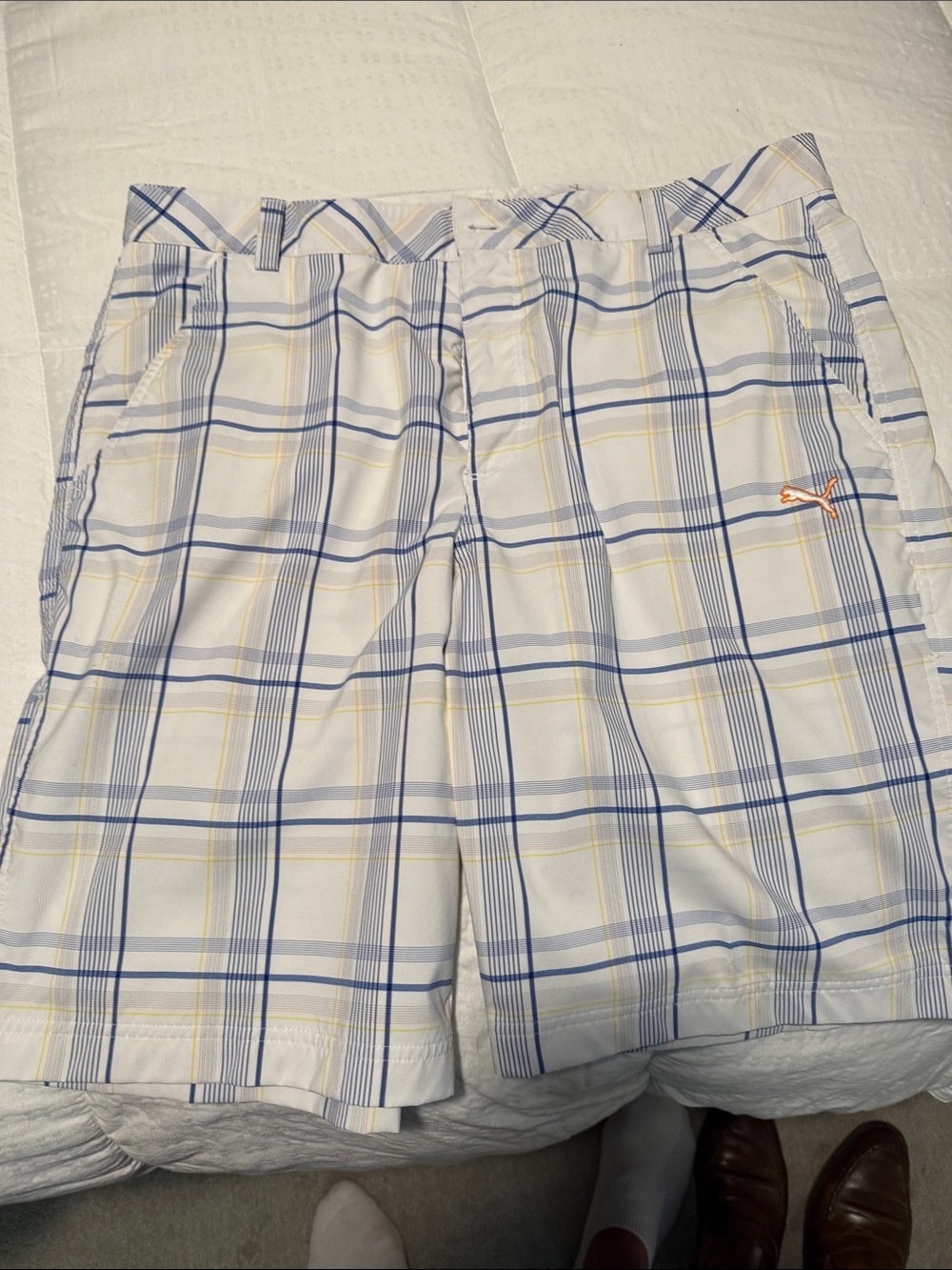 Puma White Plaid Athletic Shorts with Blue and Yellow Accents